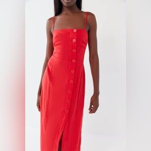 Urban Outfitters Women's Onyx Linen Button-Front Midi Dress in Red Size XS